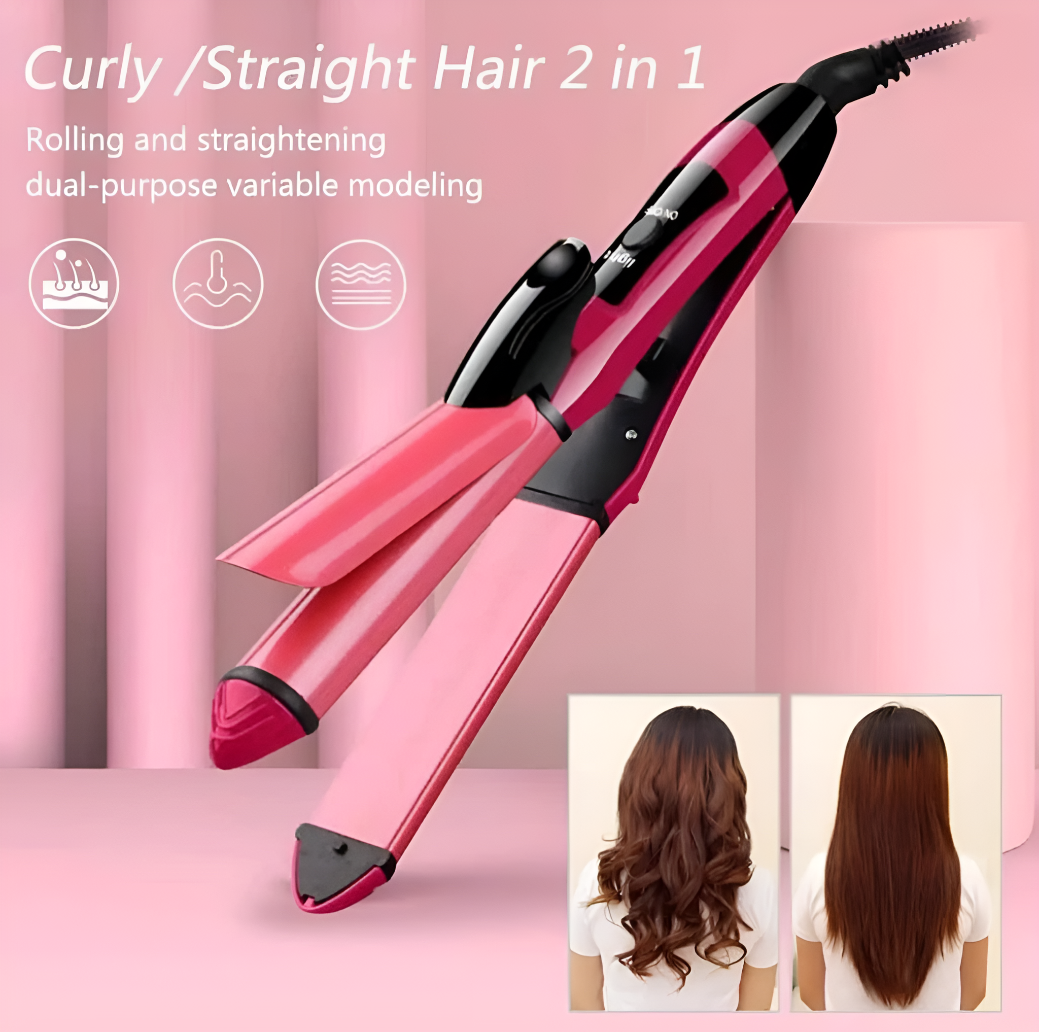 Nova 2-in-1 Hair Straightener & Curler – Model Nh-2009, Quick Heat-up Ceramic Plates For Smooth Straightening & Effortless Curls.